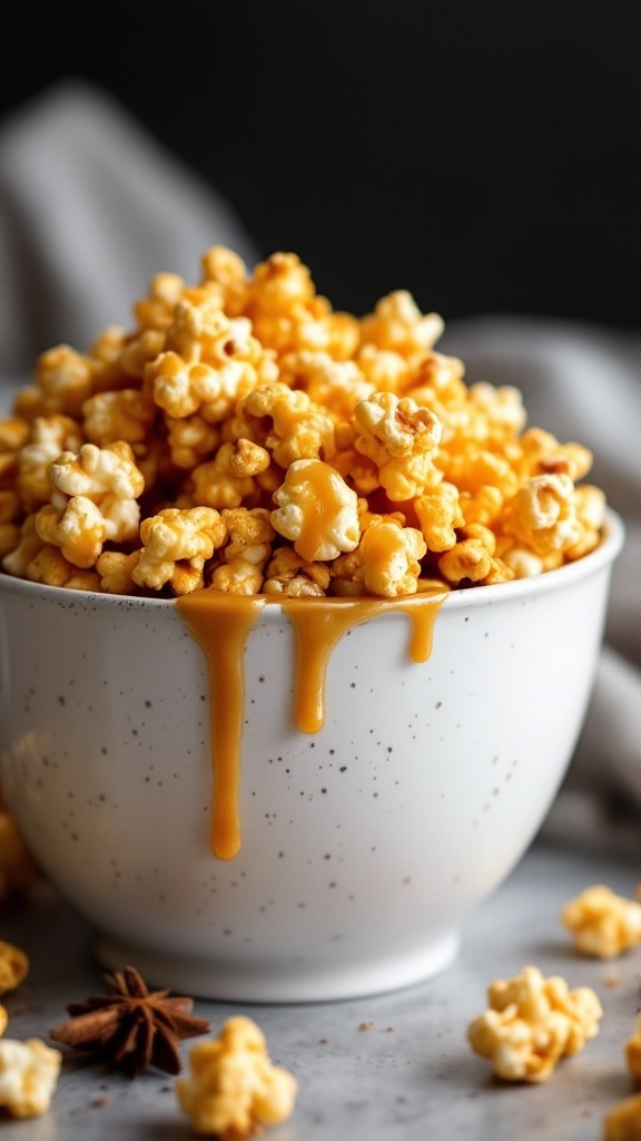 A bowl of caramel popcorn drizzled with caramel sauce, perfect for fall snacks.