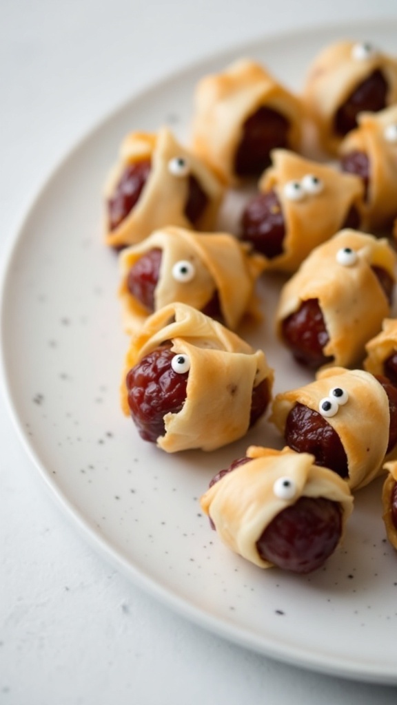 A plate of mummy-wrapped dates, looking festive and spooky for Halloween.
