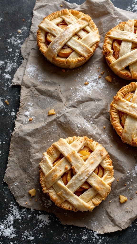 Mini apple pies designed to look like mummies for Halloween.