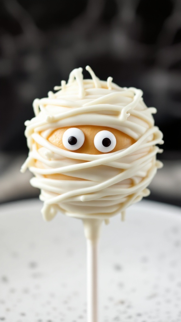 Mummy cake pops wrapped in white chocolate with edible eyes.