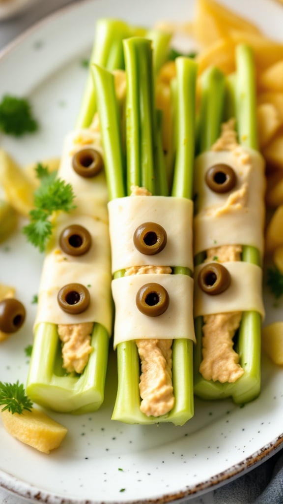 Mummy Celery Sticks made with celery, cheese, hummus, and olives