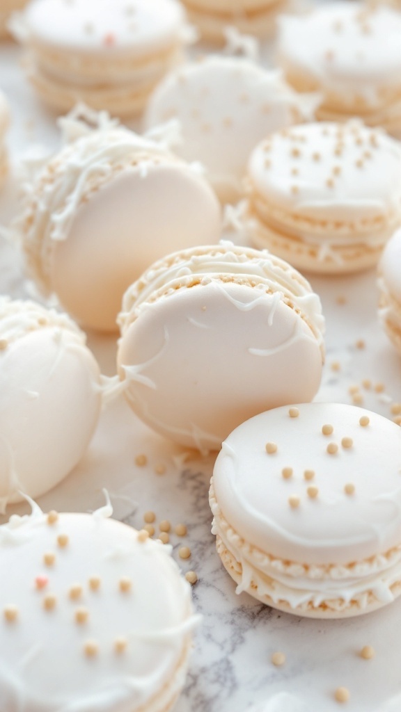 Mummy macarons with white shells and bandage designs.