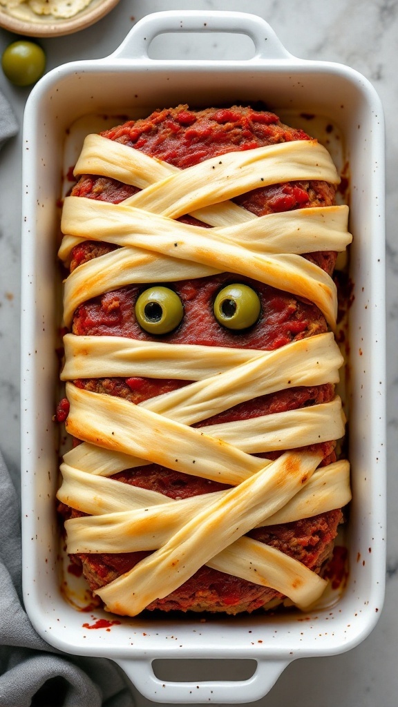 A spooky meatloaf wrapped in cheese, resembling a mummy, topped with black olives for eyes.