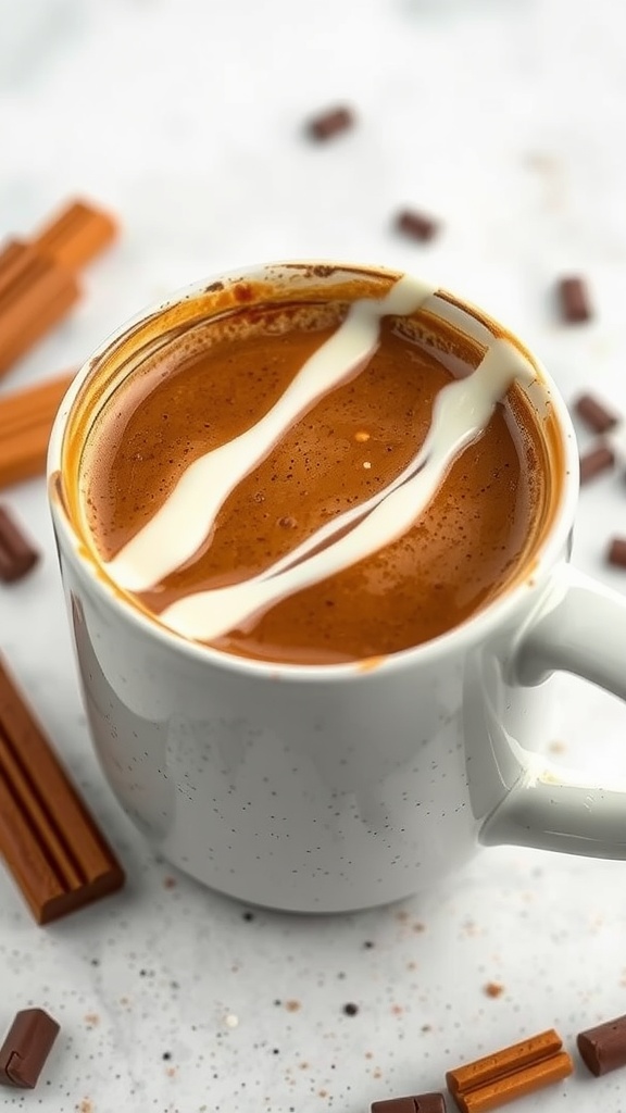 A cup of Mummy Mocha coffee with chocolate drizzle and whipped cream.