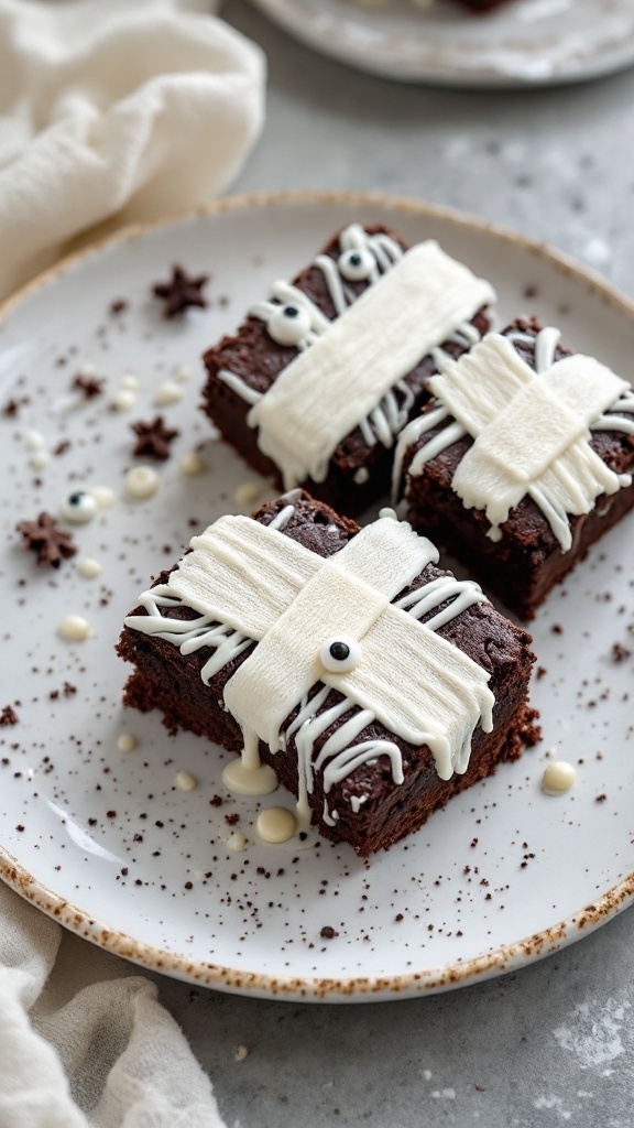 Deliciously decorated mummy wrapped brownies, perfect for Halloween.
