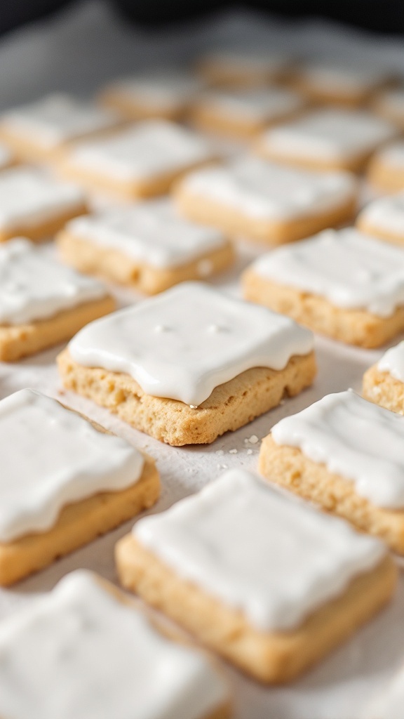 A tray of mummy wrapped rectangular sugar cookies decorated with white icing and black gel.