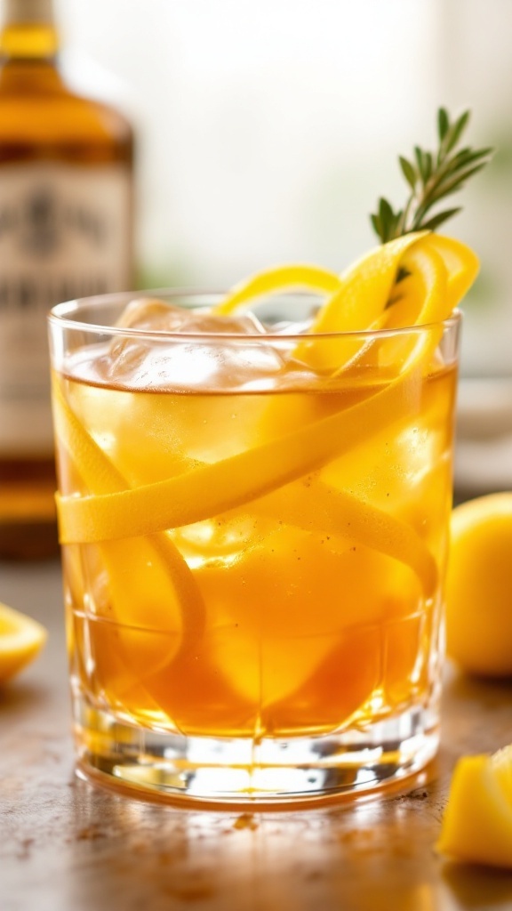 A spooky Halloween cocktail garnished with lemon slices and citrus peels.