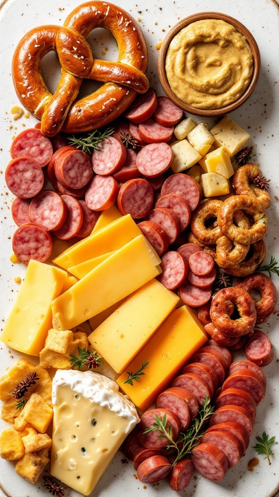 A charcuterie board featuring beer-infused cheeses, German sausages, soft pretzels, and stone-ground mustard.