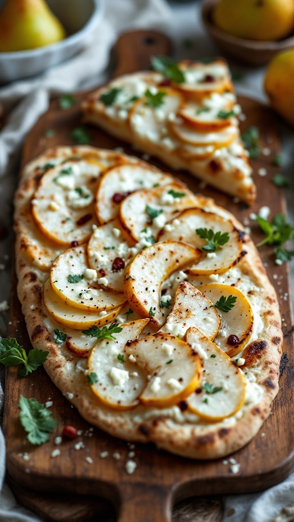 A delicious flatbread topped with sliced pears and Gorgonzola cheese.