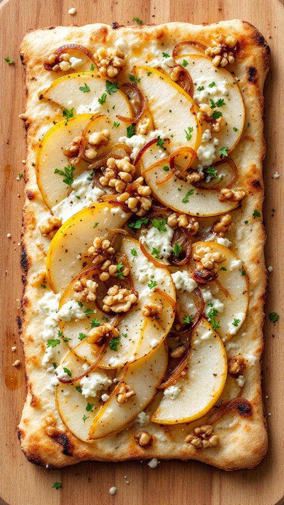 Delicious pear and gorgonzola flatbread topped with caramelized onions and walnuts.