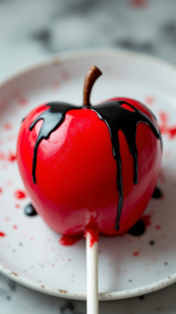 Spooky red cake pop resembling a poison apple with a dark chocolate drizzle.