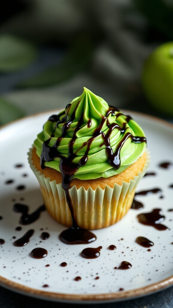 Poison apple cupcake with green frosting and chocolate drizzle