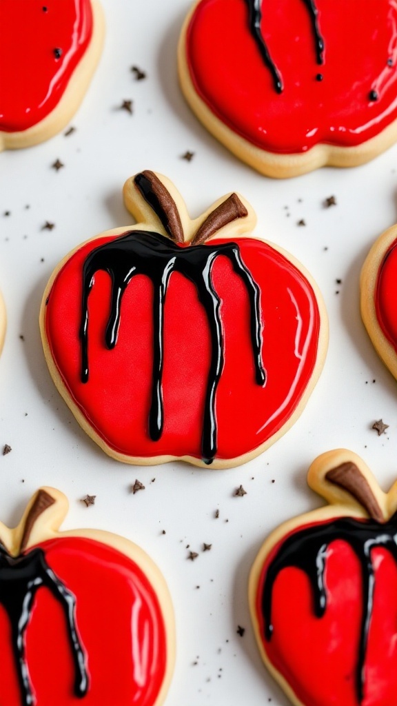 Decoratively shaped poison apple cookies with red frosting and chocolate drizzle.