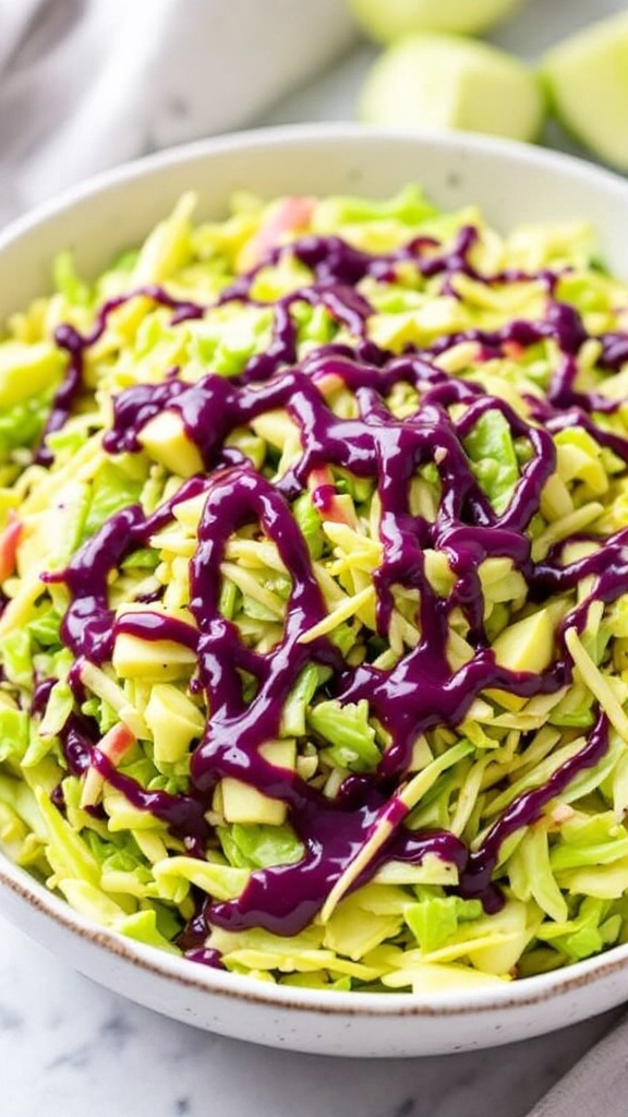 A bowl of vibrant Poison Apple Slaw with green and purple cabbage, green apples, and garnished with cilantro.