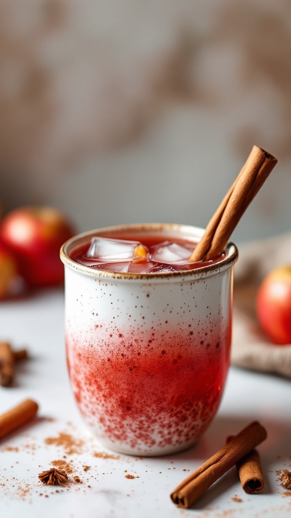 A refreshing poisoned apple cocktail garnished with cinnamon sticks and apple slices