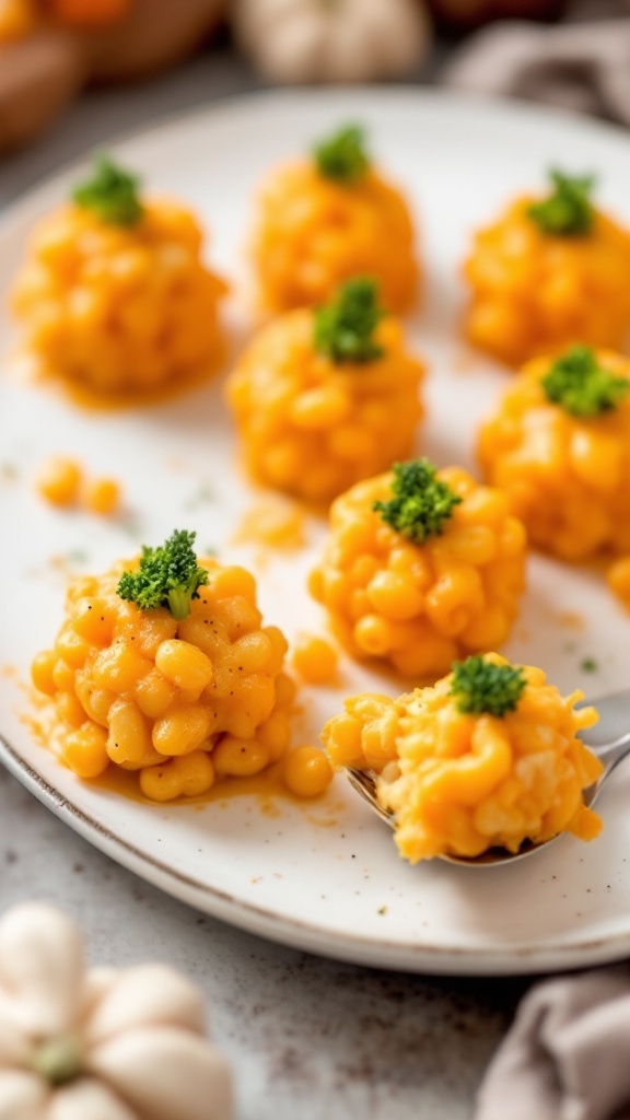 Delicious pumpkin-shaped mac and cheese balls garnished with green parsley