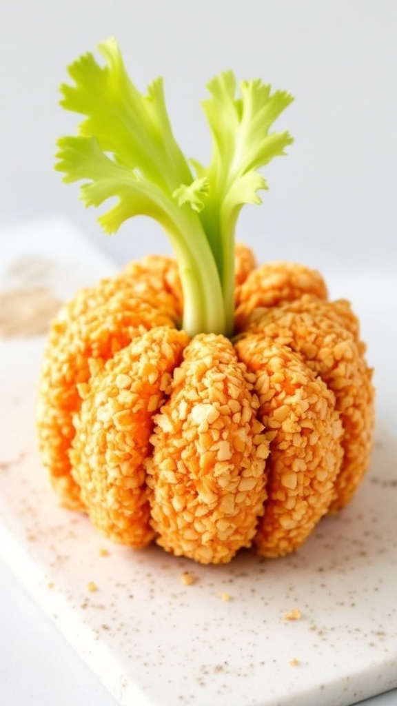 A pumpkin-shaped cheese ball made with cream cheese and cheddar, decorated with crushed tortilla chips and a celery stem.
