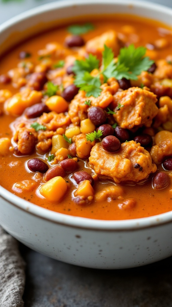 Bowl of pumpkin chicken chili with herbs
