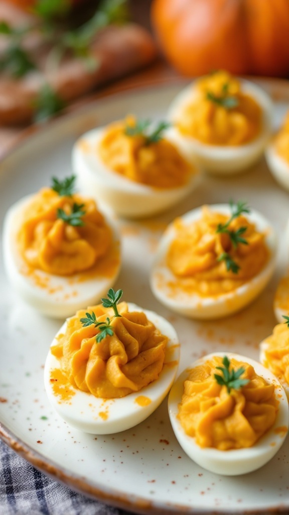 Pumpkin deviled eggs decorated with herbs on a plate