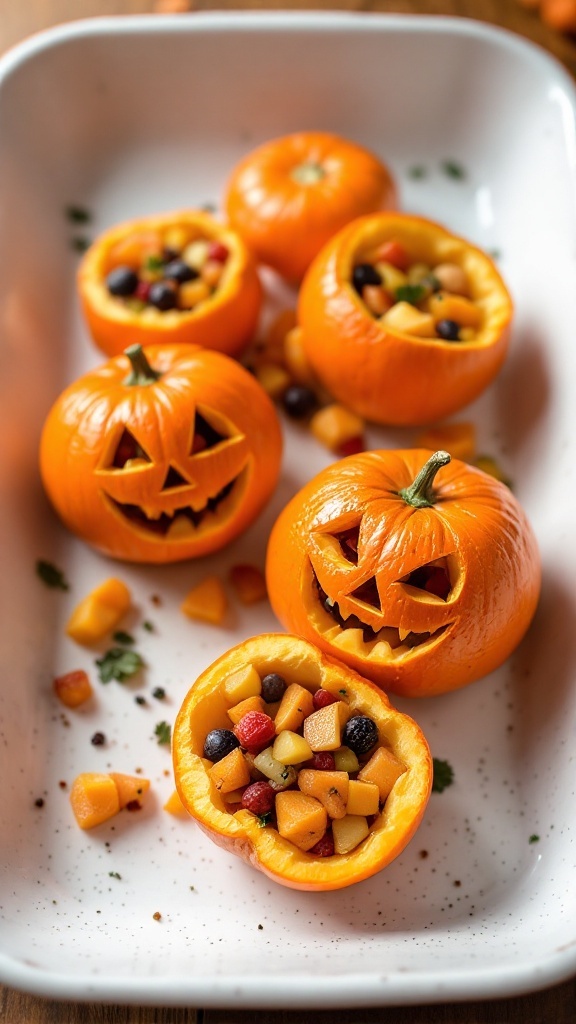 Healthy Halloween treats featuring pumpkin face fruit cups filled with mixed fruit.