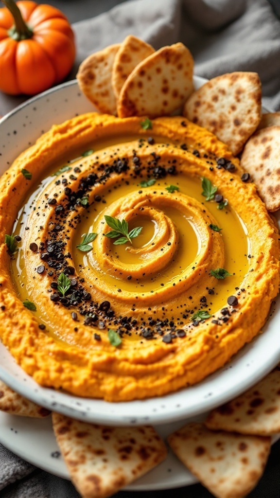 A festive pumpkin hummus served with pita chips on a plate.