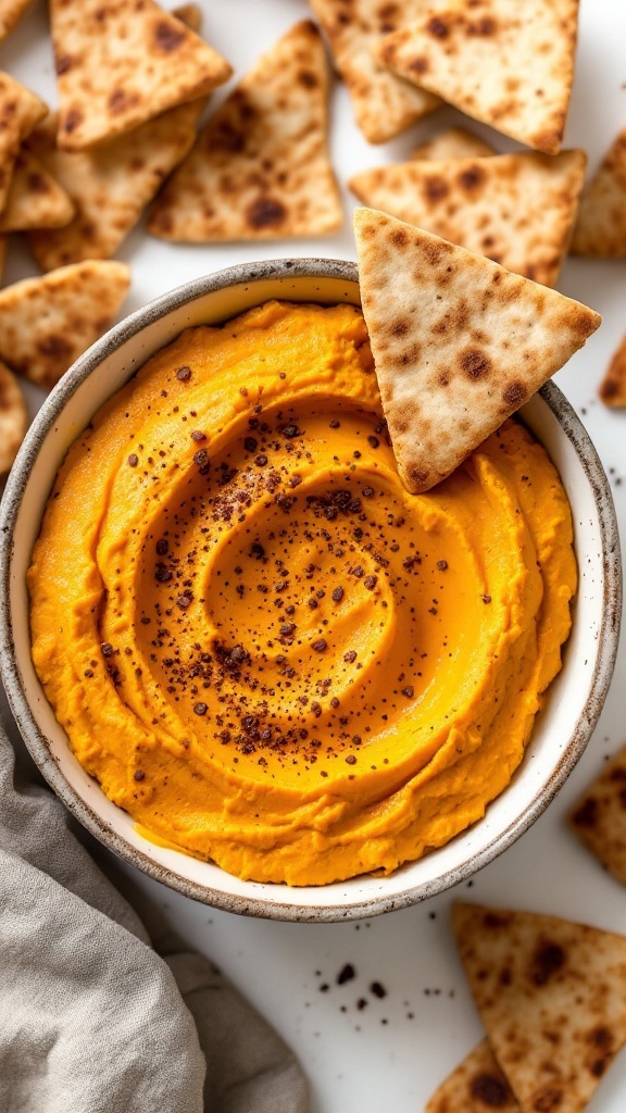 A bowl of pumpkin hummus with cinnamon pita chips arranged around it.