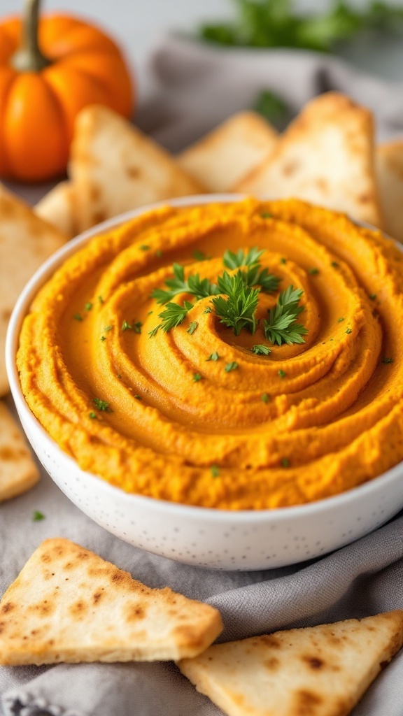 Creamy pumpkin hummus served with pita chips, garnished with fresh herbs.