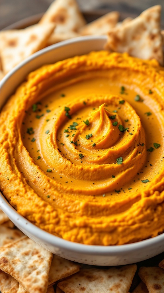 A bowl of pumpkin hummus surrounded by pita chips.
