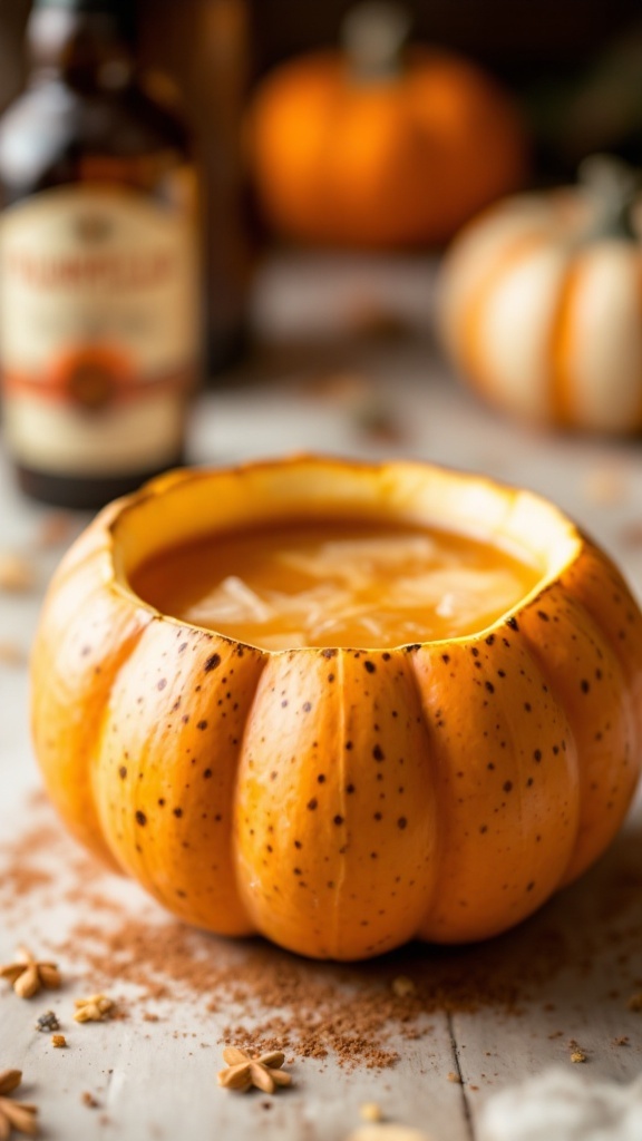 A vibrant pumpkin cocktail served in a pumpkin bowl, garnished with whipped cream and a cinnamon stick.