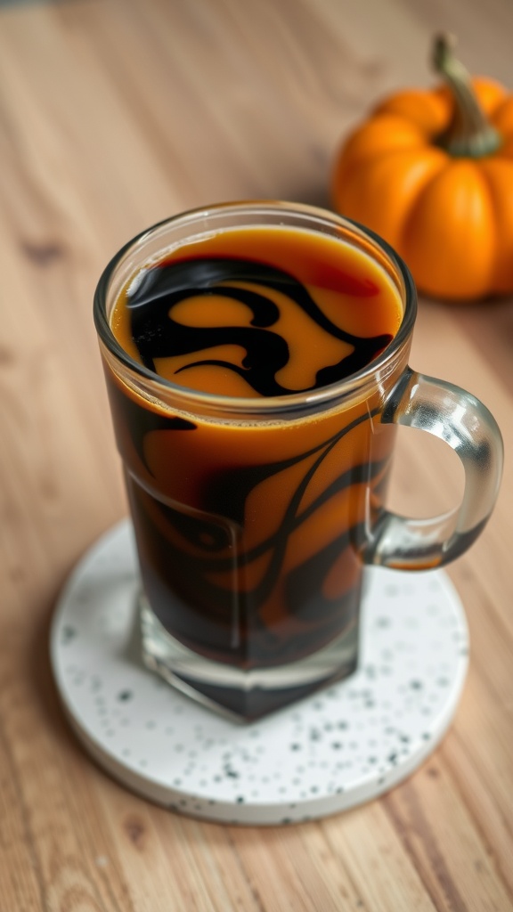 A glass of Pumpkin King Cold Brew coffee with a decorative swirl of cream.