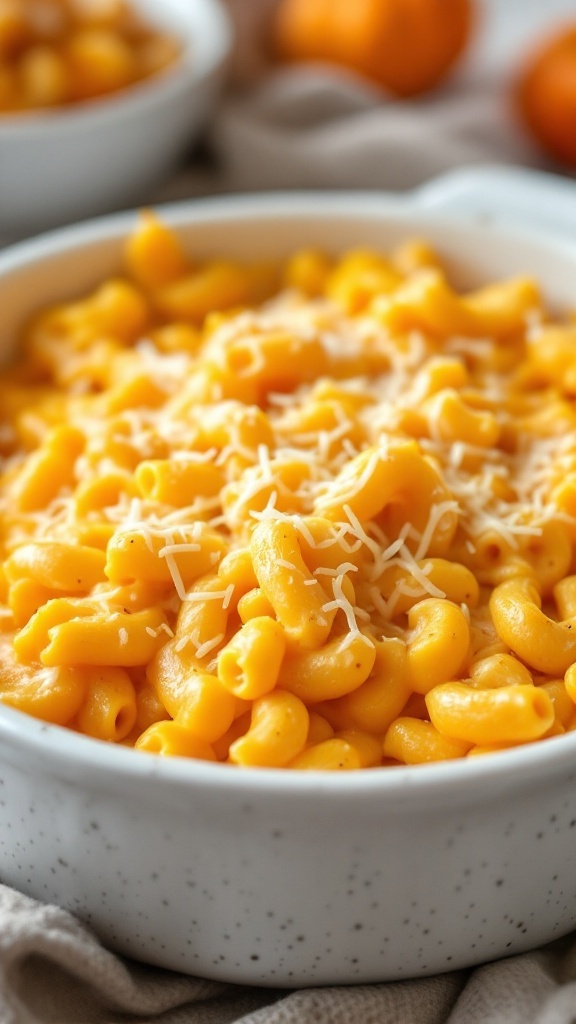 A dish of creamy pumpkin mac and cheese topped with grated cheese.