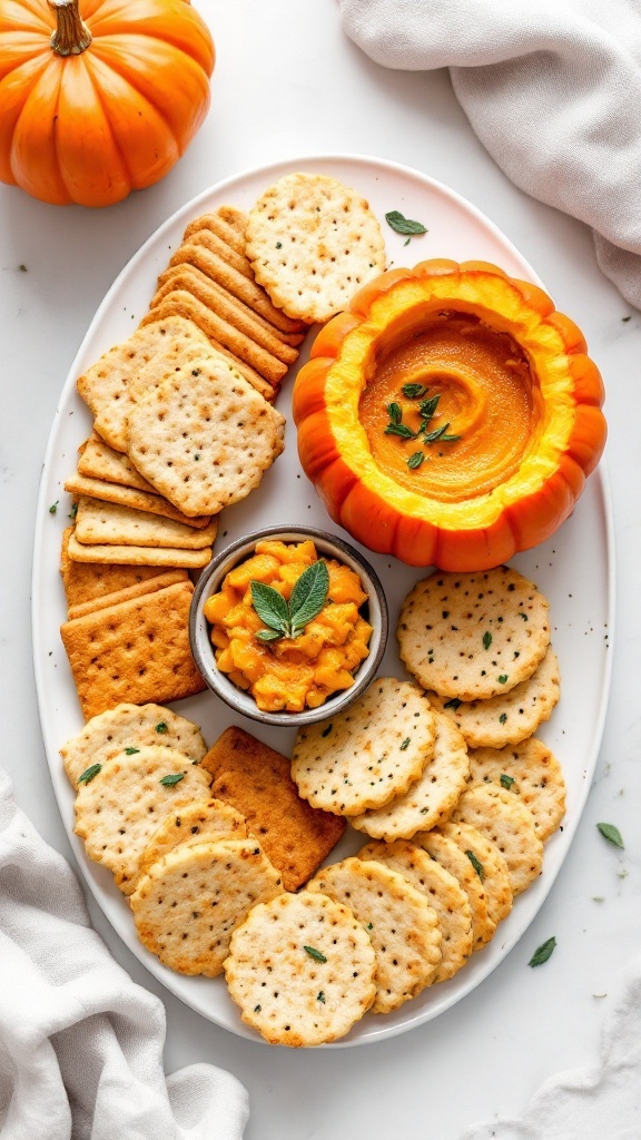 A fall charcuterie board featuring pumpkin hummus, sage crackers, and butternut squash chutney