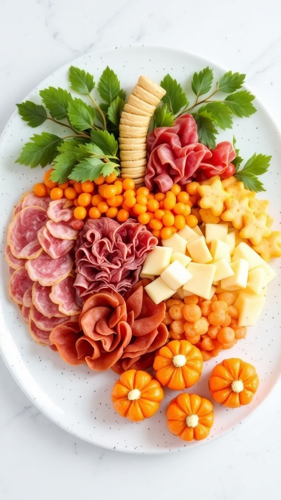 A vibrant Halloween charcuterie board styled like a pumpkin patch, featuring assorted cheeses, meats, and seasonal garnishes.