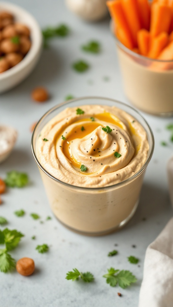 Pumpkin Patch Hummus Cups with colorful veggies and pita chips