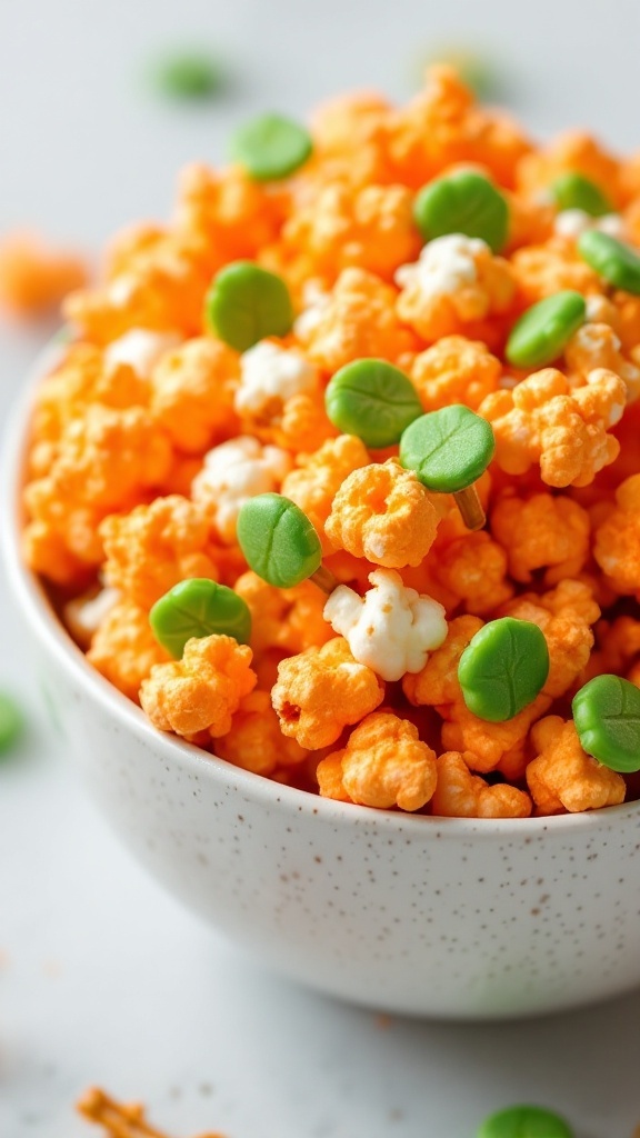 Colorful bowl of pumpkin patch popcorn with orange popcorn and green candy leaves.