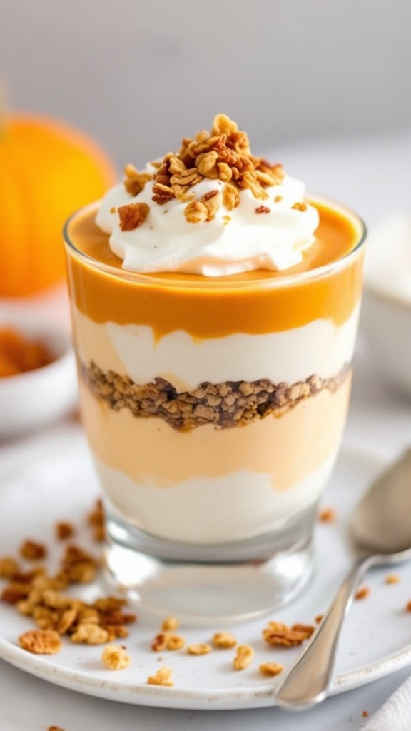 Pumpkin Pie Yogurt Parfaits with layers of yogurt and pumpkin puree topped with granola