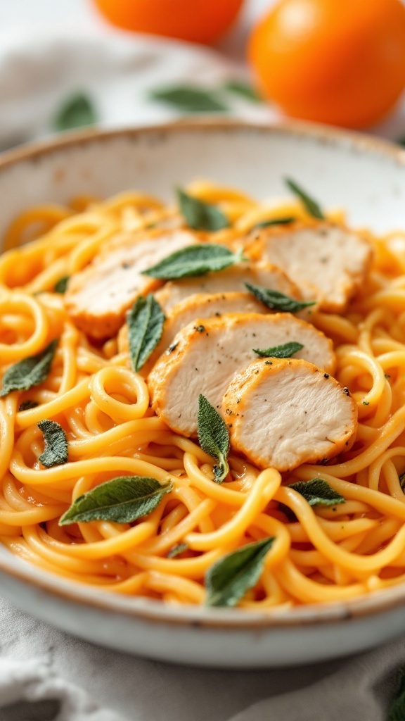 A bowl of fettuccine pasta with sliced chicken, pumpkin sauce, and sage leaves.