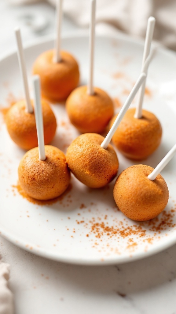 Pumpkin Spice Cake Pops arranged on a plate.