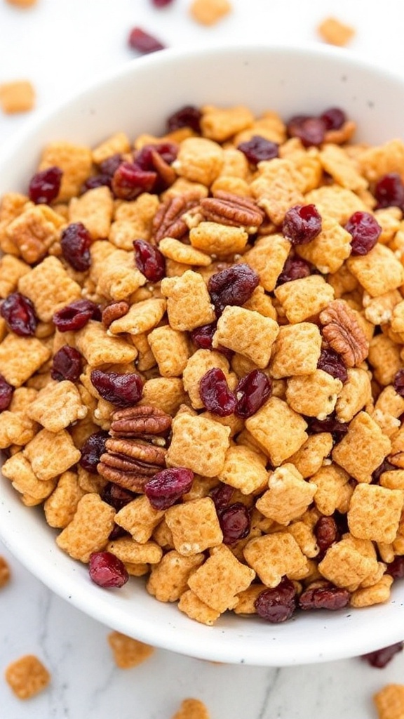 A bowl of Pumpkin Spice Chex Mix with cereal, nuts, and dried fruit