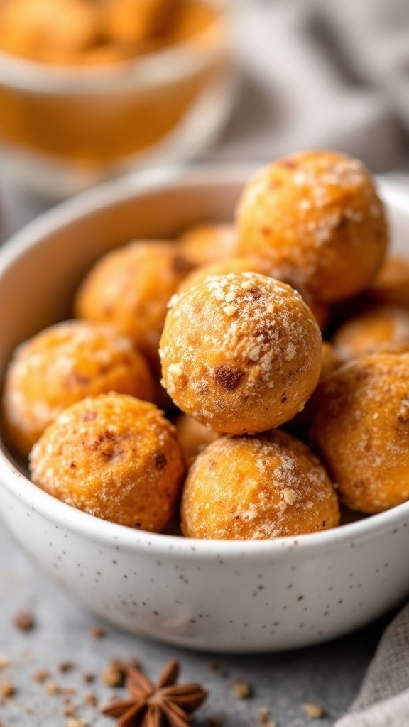 A bowl of pumpkin spice energy bites, showcasing their round, textured appearance.