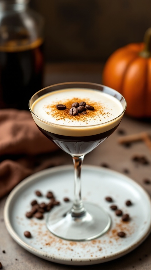 A Pumpkin Spice Espresso Martini garnished with coffee beans and cinnamon.