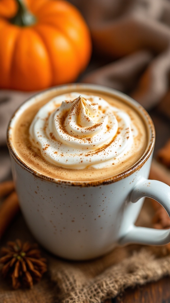 A cozy Pumpkin Spice Latte topped with whipped cream and a sprinkle of spices.