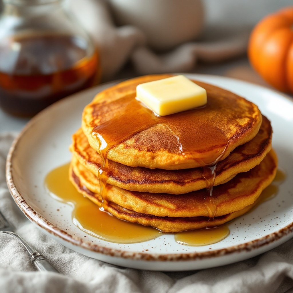 Delicious pumpkin spice pancakes stacked with maple syrup and butter