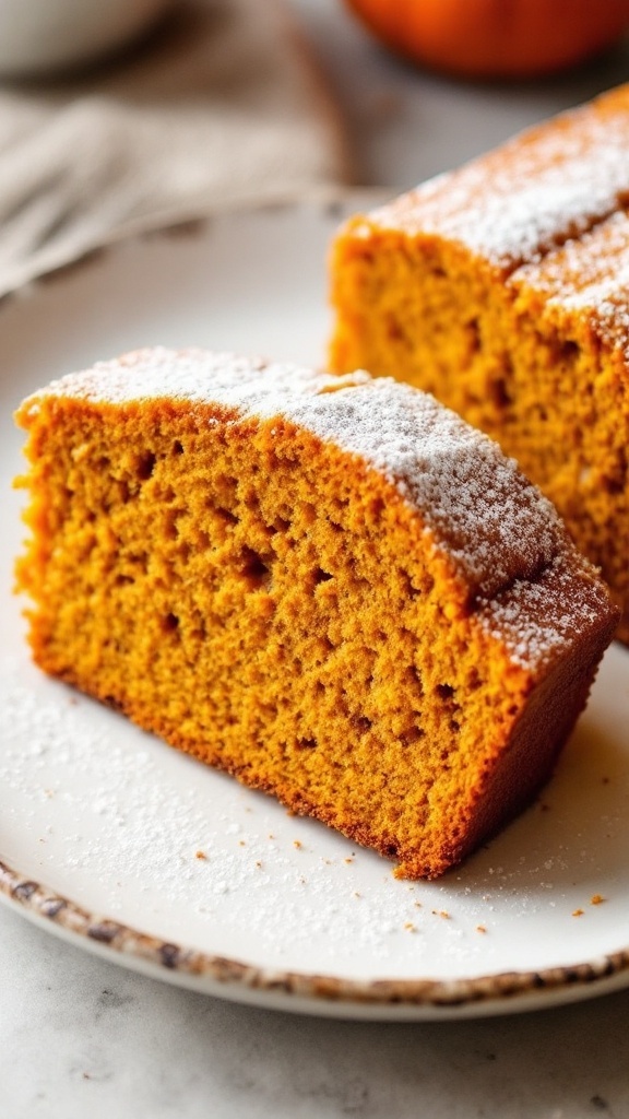 A slice of pumpkin spice quick bread on a plate, dusted with powdered sugar