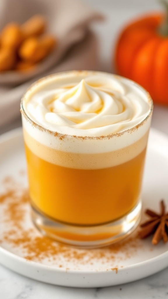 A creamy Pumpkin Spice White Russian cocktail topped with whipped cream and a sprinkle of cinnamon.
