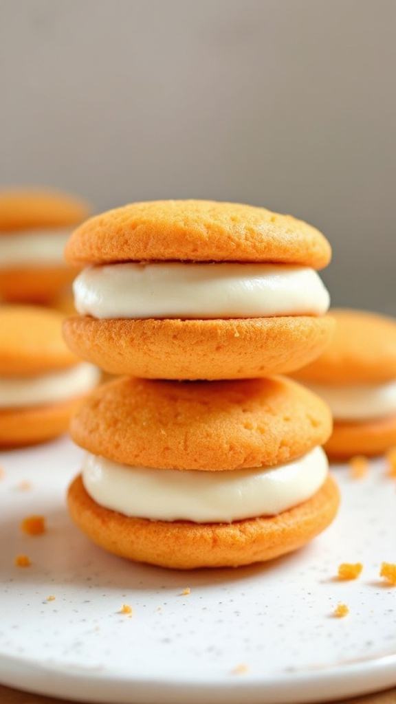 Pumpkin whoopie pies filled with maple cream cheese filling.