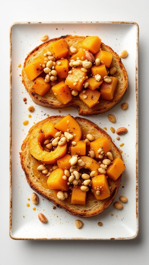 Roasted Acorn Squash Crostini topped with hazelnuts on a white plate.
