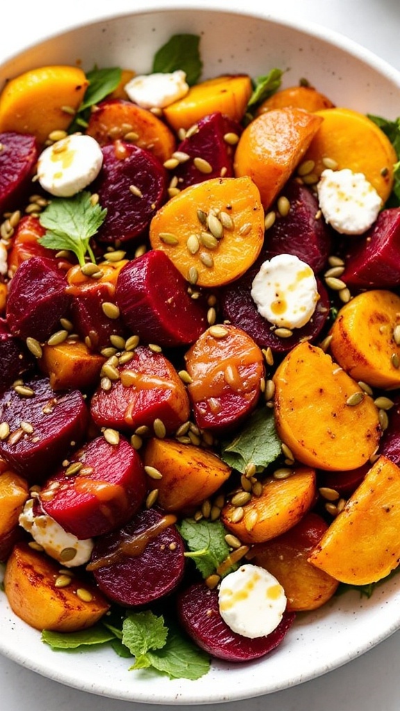 Salad with roasted beets, goat cheese, pumpkin seeds, and mixed greens.