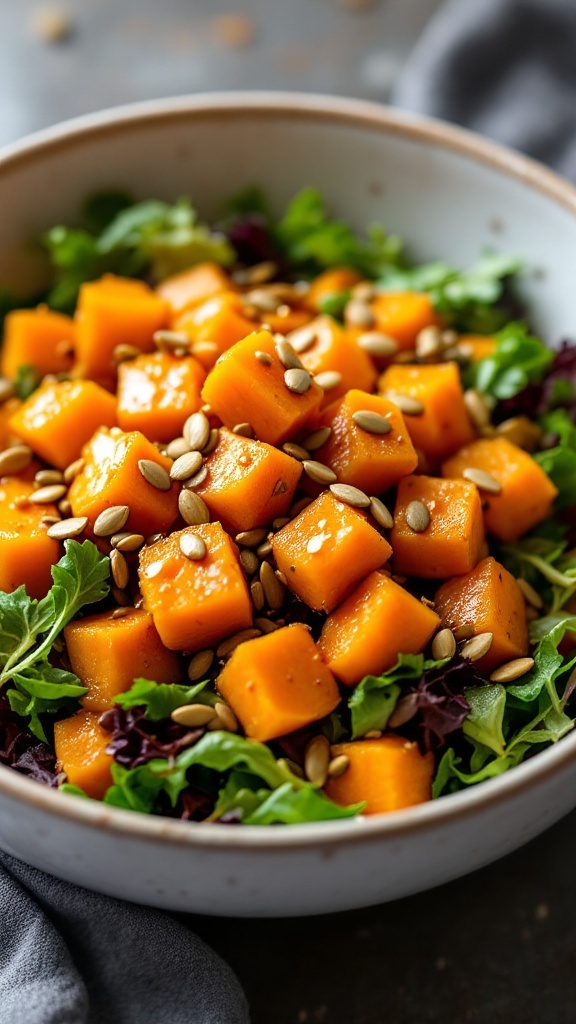 A bowl of roasted butternut squash salad with pumpkin seeds and greens.