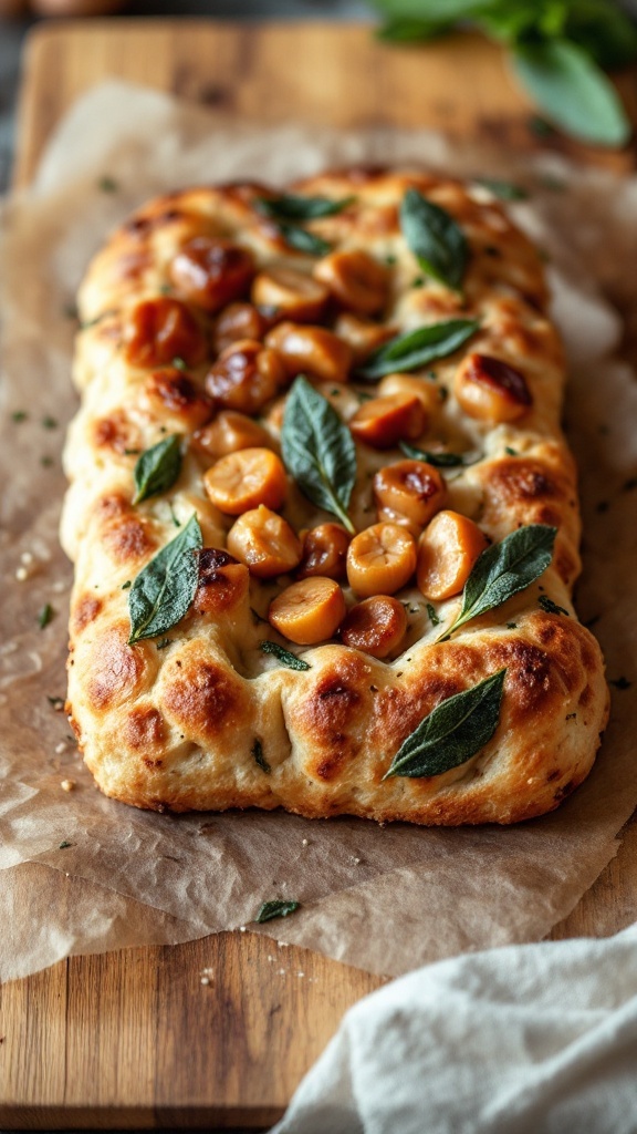 Focaccia bread topped with roasted chestnuts and sage leaves
